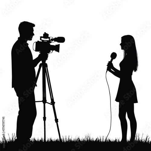 Silhouette of man operating video camera interviewing woman with microphone