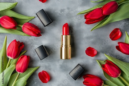 Bright Red Lipstick Surrounded by Red Tulips on a Gray Surface Creates an Ele...