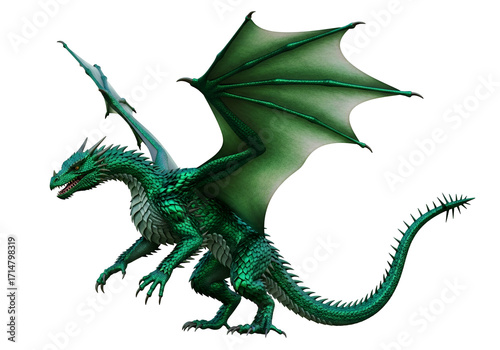 A vibrant emerald green dragon, wings outstretched, commands attention against a striking black backdrop.