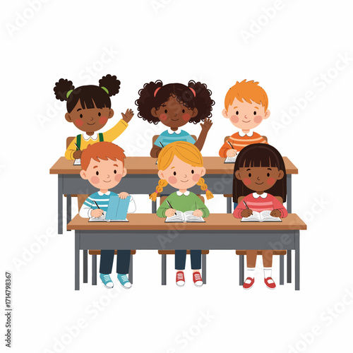 Illustration of children sitting at desks in a classroom.
