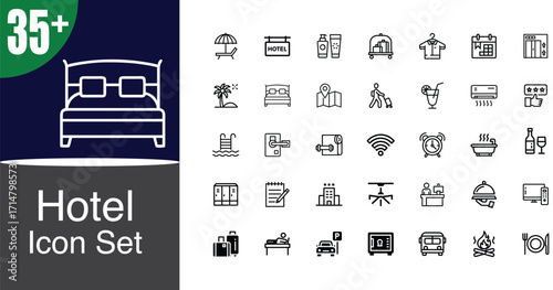 Comprehensive hotel icon set for travel hospitality and accommodation services design