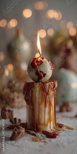 A warm, captivating candle, shaped like a globe, melts with drippy caramel, setting a serene ambiance in a textured light-filled backdrop.