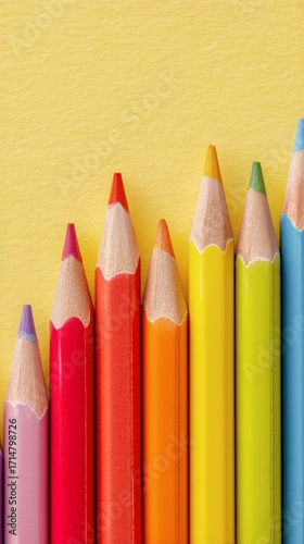 Colorful Arrangement of Pencils on a Bright Yellow Surface Showing Creative P...