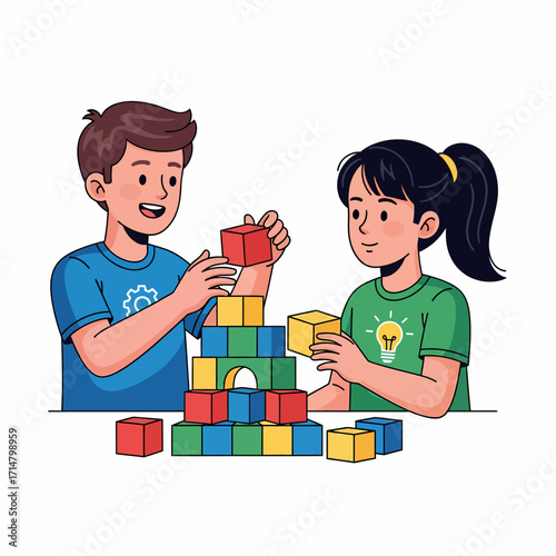 Two children, a boy and a girl, are happily building a colorful tower of blocks together.