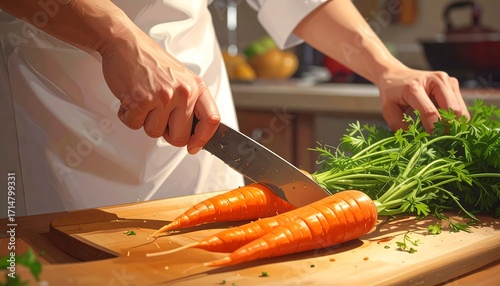 Chef meticulously preparing fresh carrots and herbs in a kitchen