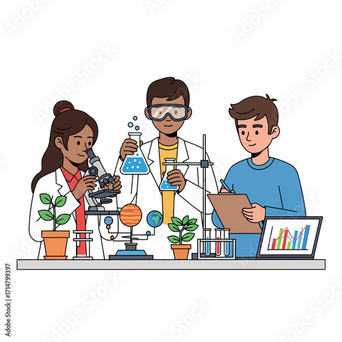 Illustration of three students conducting science experiments in a lab.