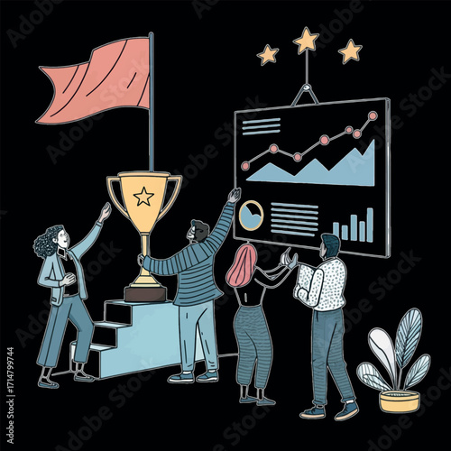 Triumph: A group of determined individuals, hand in hand, working to elevate a trophy symbolizing success, a clear demonstration of their collective effort, resolve.