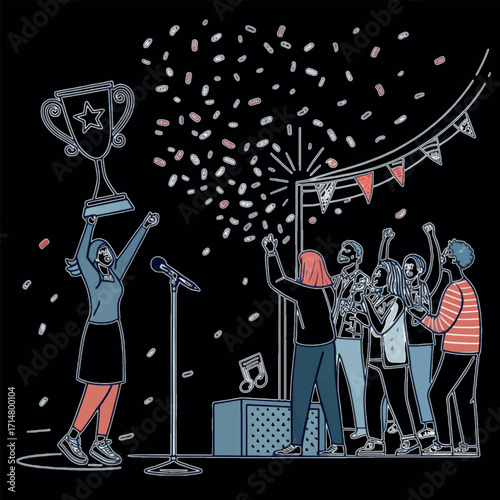 Stage Victory: A celebratory scene unfolds under the spotlight, with a triumphant individual holding aloft a trophy amidst cheering supporters, all bathed in a festive atmosphere of confetti.