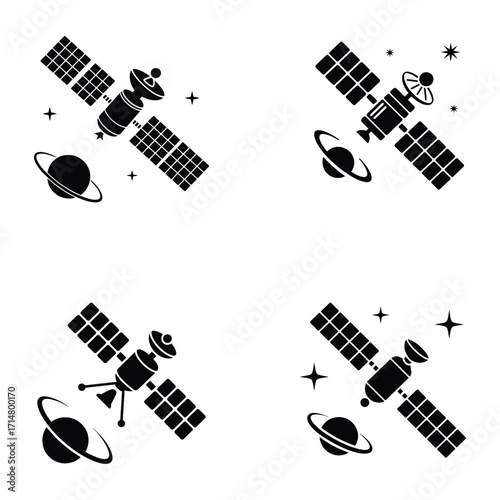 Four stylized black and white illustrations of a satellite orbiting a planet with rings