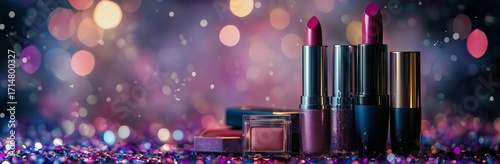Colorful Lipsticks and Makeup on Shiny Surface With Blurred Lights in the Bac...