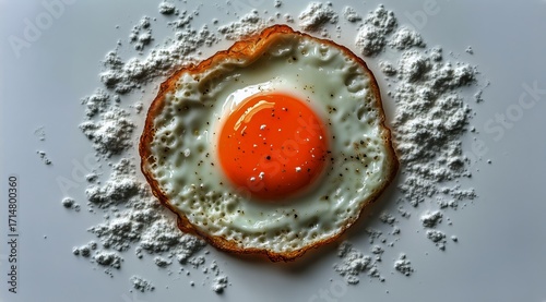Fried Egg on a White Plate With Flour Scattered Around, Creating a Rustic Kit...