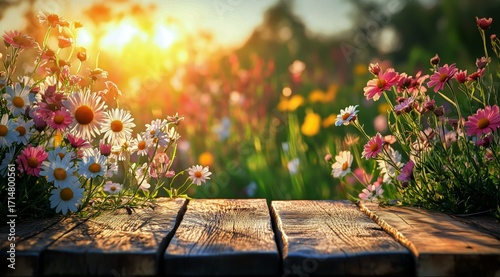 Bright Sunny Field Filled With Colorful Flowers and a Wooden Bench During Gol...