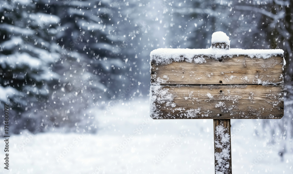 Fototapeta premium Snow-covered wooden sign in winter landscape with falling snowflakes, close up detail