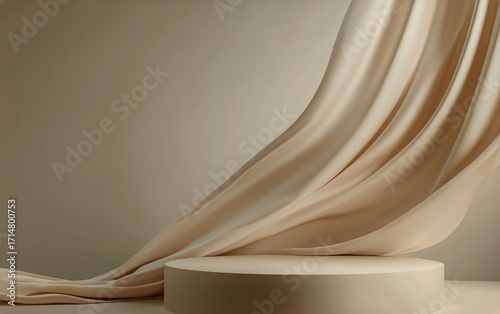 Soft Fabric Elegantly Drapes Over a Circular Pedestal in a Minimalist Space