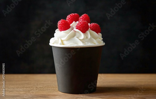 Delicious Dessert With Whipped Cream and Fresh Raspberries in a Cup on Wooden...