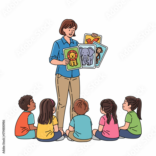A teacher is showing flashcards with animal pictures to a group of young children sitting on the floor.