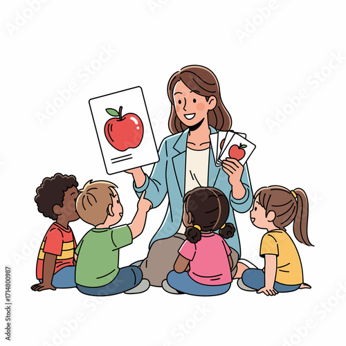 A friendly teacher sits with a diverse group of young children, teaching them with fruit flashcards in a classroom setting.