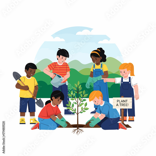 A diverse group of children working together to plant a tree in a park setting.