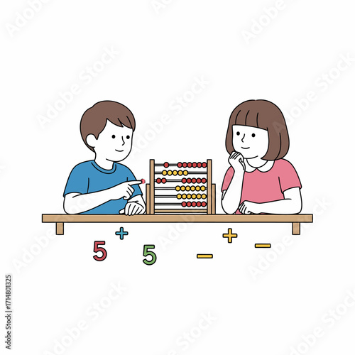 Two children using an abacus to learn math.