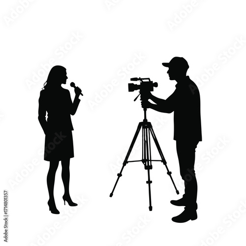 Silhouette of woman with microphone and man with camera