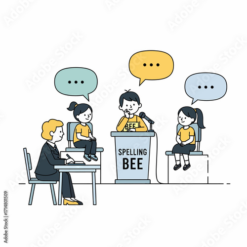 Children participate in a spelling bee competition judged by an adult.