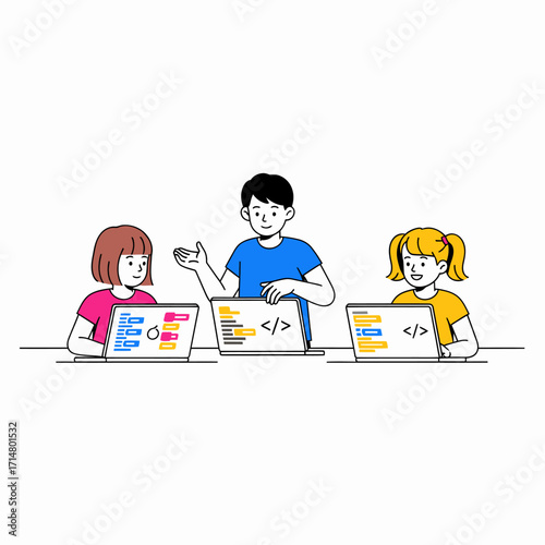 An illustration of three young students, a boy and two girls, learning to code together on their laptops.