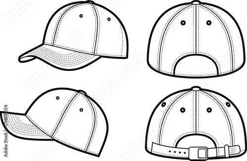 cap, baseball, hat, headwear, accessory, fashion, clothing, apparel, garment, panel, brim, stitch, seam, adjustable, strap, casual, sporty, vector, design, illustration