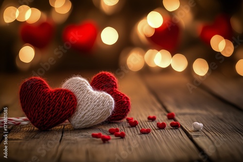 Colorful Knitted Hearts on Wooden Table With Glowing Heart Decorations in the...