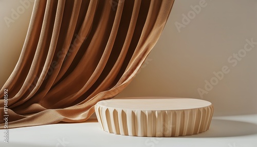 Stylish Decorative Display With Cream Pedestal and Soft Brown Curtain in Mini...