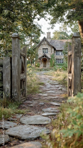 Stone Pathway Leads to a Charming House With Scenic Surroundings and Greenery.