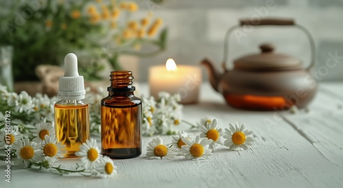 Natural Oils With Flowers and a Tea Kettle in a Cozy Setting for Wellness and...