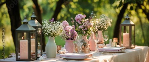 Beautiful Outdoor Dinner Setting With Flowers and Lanterns During Golden Hour.