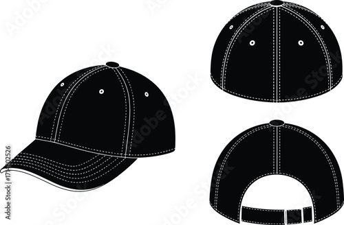 cap, baseball, hat, headwear, accessory, fashion, clothing, apparel, garment, panel, brim, stitch, seam, adjustable, strap, casual, sporty, vector, design, illustration