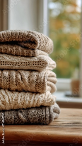 Cozy Sweaters Stacked Neatly on a Wooden Table Near a Window With Warm Autumn...