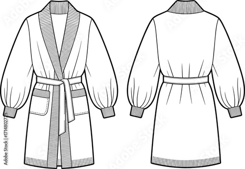 cardigan, robe, womenswear, fashion, clothing, apparel, garment, knit, shawl, collar, sleeve, ribbed, belt, pocket, stylish, cozy, front, back, vector, illustration