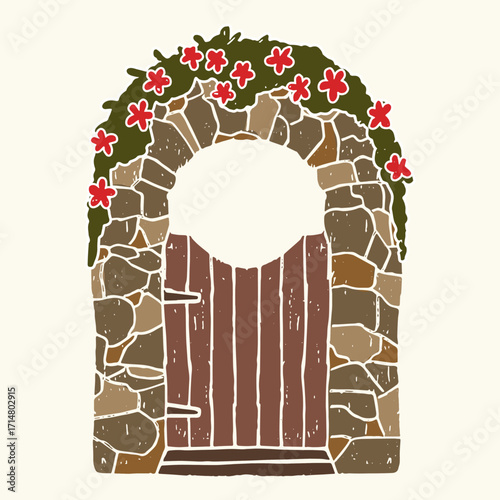 Brown stone archway with wooden gate and red flowers, vector illustration