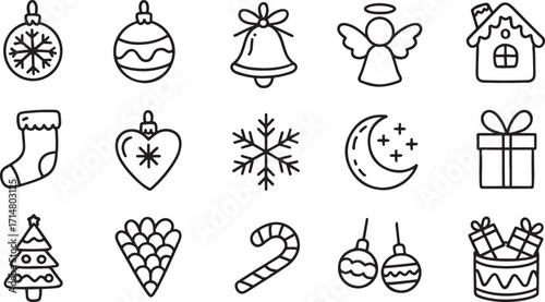 Christmas Icons Set: Ornaments, Trees, Bells, Gifts and Holiday Symbols.