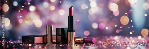 Colorful Lipsticks and Makeup on Shiny Surface With Blurred Lights in the Bac...