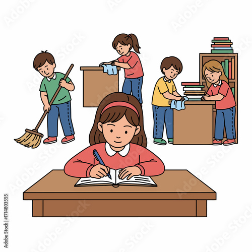 Children actively participating in classroom chores, with one girl writing at a desk while others sweep, wipe, and organize books.
