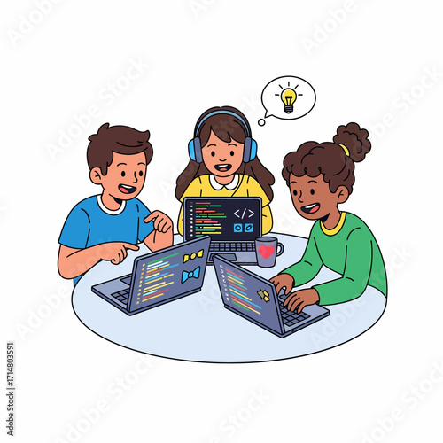 Three diverse children sitting at a table, collaborating and learning to code together on their laptops in a fun, educational setting.