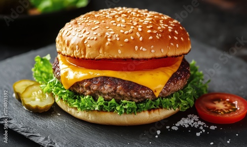 Juicy Cheeseburger With Fresh Toppings on a Slate Serving Board in a Casual D...