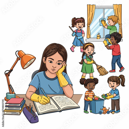 A girl wearing cleaning gloves sits at a desk to study, imagining other children happily doing household chores.