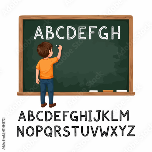 A young boy in an orange shirt writes the alphabet on a green blackboard, with the full alphabet displayed below.