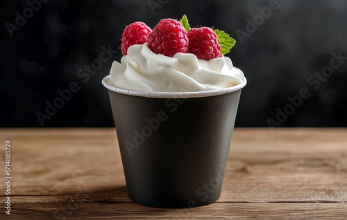 Delicious Dessert With Whipped Cream and Fresh Raspberries in a Cup on Wooden...