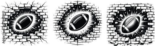 American Football Ball Crashing Brick Wall Illustration Set.