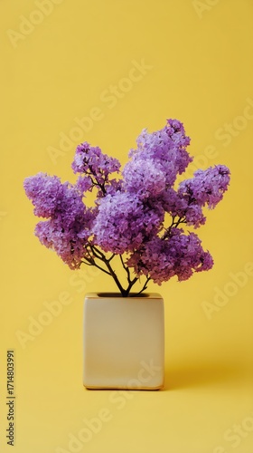Purple Lilacs in a White Pot on a Vibrant Yellow Background.