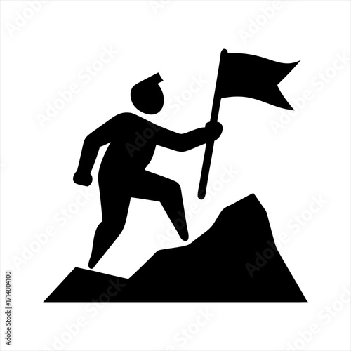 Silhouette of a person climbing a mountain and planting a flag isolated on transparent background