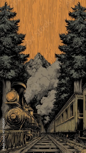 Vintage steam train meanders through a majestic forest tunnel, its warm hues contrasting with the cool tones of the surrounding nature.
