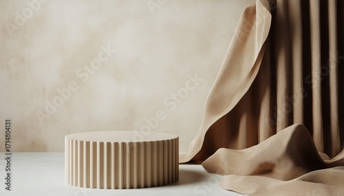 Stylish Decorative Display With Cream Pedestal and Soft Brown Curtain in Mini...