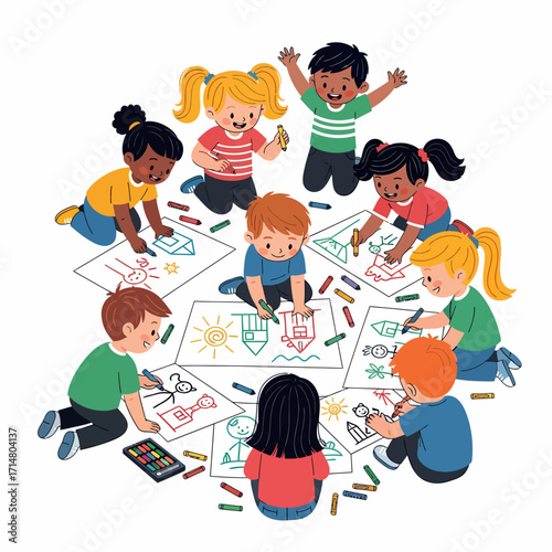A diverse group of happy children sitting in a circle on the floor, drawing pictures together with crayons.